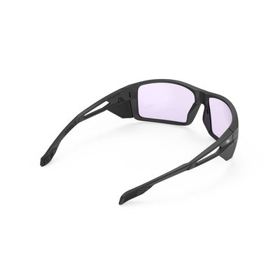 Rudy Project Nyad performance lifestyle prescription ready sunglasses that are perfect for the beach, boating, fishing, hiking and high altitude mountain excursions#color_nyad-black-matte-with-impactx-photochromic-2-laser-purple-lenses