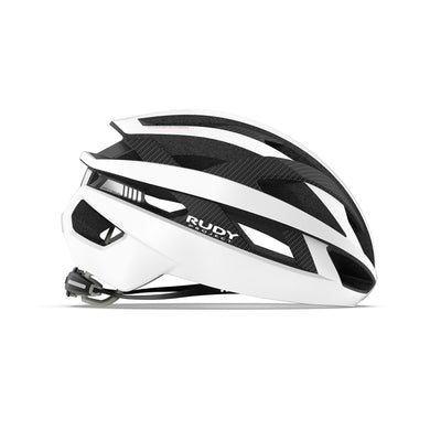 Rudy Project Rebel cycling helmet that’s perfect for road cycling and gravel cycling that’s eco friendly and made with sustainable materials#color_rebel-white-matte-carbon