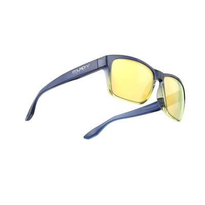 Rudy Project Spinhawk Edge active lifestyle sunglasses or prescription sunglasses are perfect for the beach, boating, fishing and any other outdoor activity#color_spinhawk-edge-crystal-blue-avio-apple-green-fade-gloss-with-multilaser-yellow-lenses