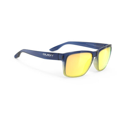 Rudy Project Spinhawk Edge active lifestyle sunglasses or prescription sunglasses are perfect for the beach, boating, fishing and any other outdoor activity#color_spinhawk-edge-crystal-blue-avio-apple-green-fade-gloss-with-multilaser-yellow-lenses