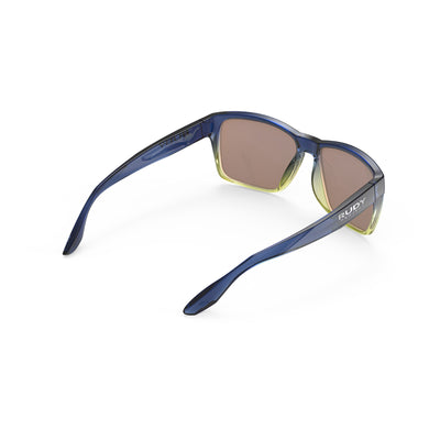 Rudy Project Spinhawk Edge active lifestyle sunglasses or prescription sunglasses are perfect for the beach, boating, fishing and any other outdoor activity#color_spinhawk-edge-crystal-blue-avio-apple-green-fade-gloss-with-multilaser-yellow-lenses