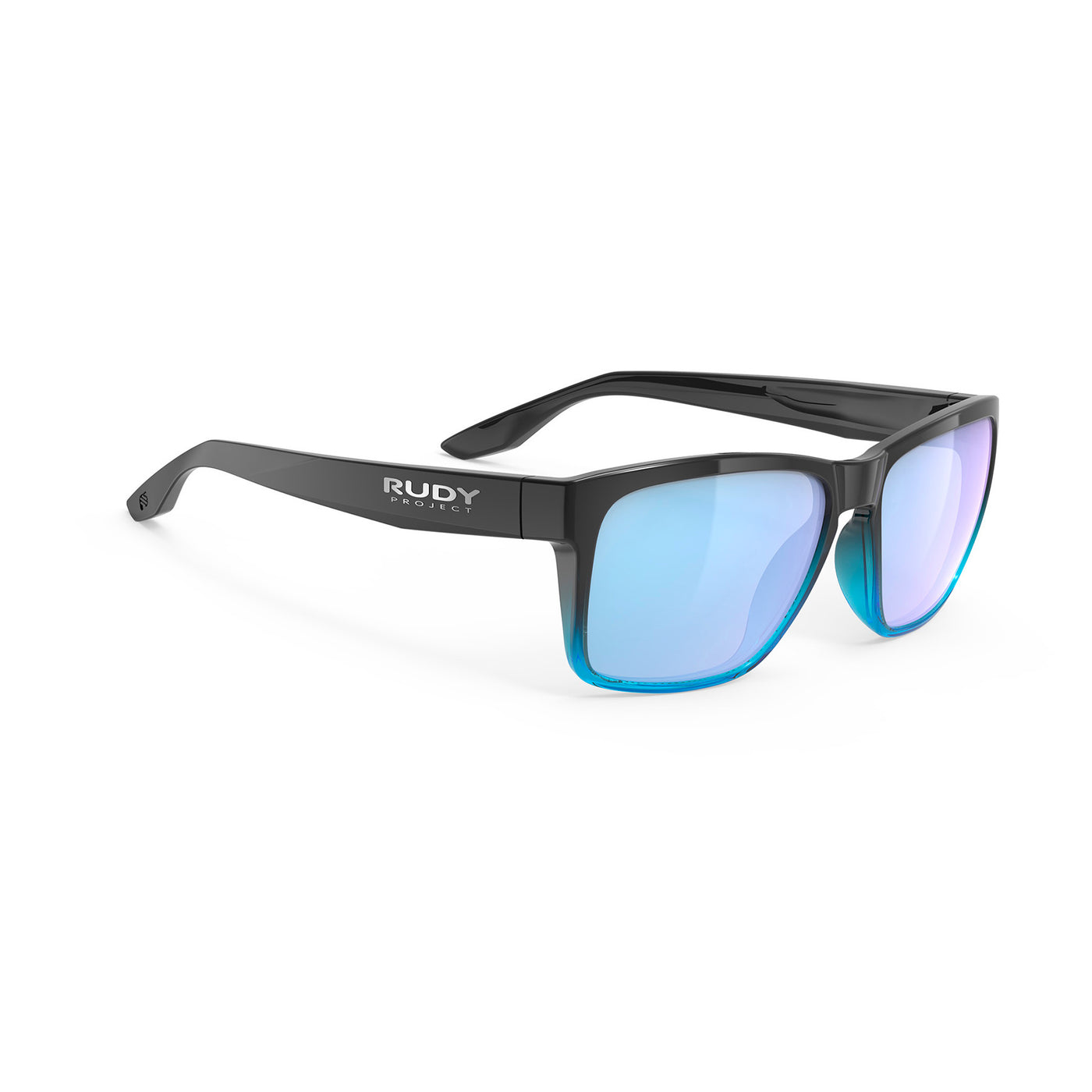 Rudy Project Spinhawk Edge active lifestyle sunglasses or prescription sunglasses are perfect for the beach, boating, fishing and any other outdoor activity#color_spinhawk-edge-black-fade-crystal-azur-gloss-with-multilaser-ice-lenses