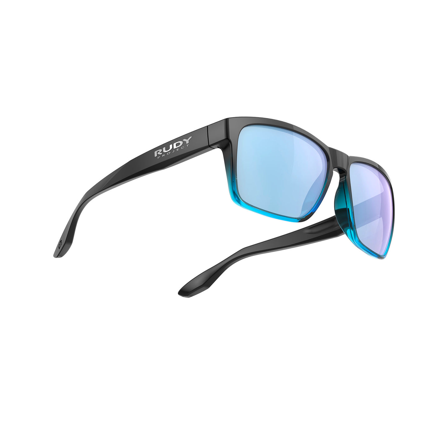 Rudy Project Spinhawk Edge active lifestyle sunglasses or prescription sunglasses are perfect for the beach, boating, fishing and any other outdoor activity#color_spinhawk-edge-black-fade-crystal-azur-gloss-with-multilaser-ice-lenses