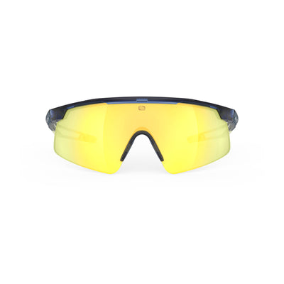 Rudy Project Turbolence all-sport shield sunglasses are perfect for any outdoor activities including running, cycling, gravel biking, mountain biking, boating, golf and pickleball#color_turbolence-crystal-blue-avio-apple-green-fade-gloss-with-multilaser-yellow-lenses