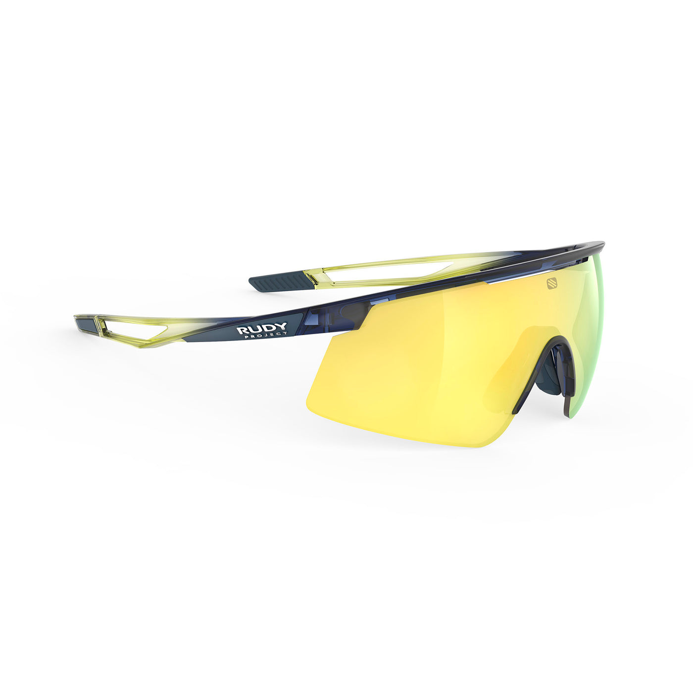 Rudy Project Turbolence all-sport shield sunglasses are perfect for any outdoor activities including running, cycling, gravel biking, mountain biking, boating, golf and pickleball#color_turbolence-crystal-blue-avio-apple-green-fade-gloss-with-multilaser-yellow-lenses