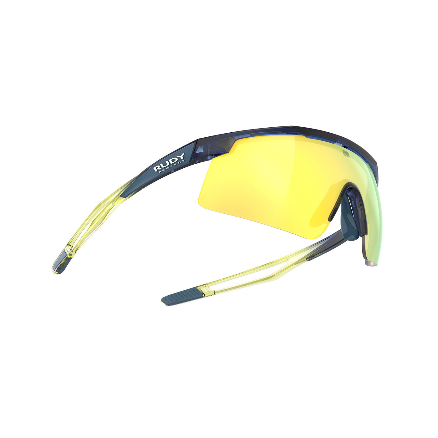 Rudy Project Turbolence all-sport shield sunglasses are perfect for any outdoor activities including running, cycling, gravel biking, mountain biking, boating, golf and pickleball#color_turbolence-crystal-blue-avio-apple-green-fade-gloss-with-multilaser-yellow-lenses