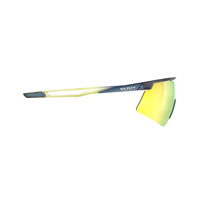 Rudy Project Turbolence all-sport shield sunglasses are perfect for any outdoor activities including running, cycling, gravel biking, mountain biking, boating, golf and pickleball#color_turbolence-crystal-blue-avio-apple-green-fade-gloss-with-multilaser-yellow-lenses