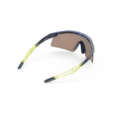 Rudy Project Turbolence all-sport shield sunglasses are perfect for any outdoor activities including running, cycling, gravel biking, mountain biking, boating, golf and pickleball#color_turbolence-crystal-blue-avio-apple-green-fade-gloss-with-multilaser-yellow-lenses