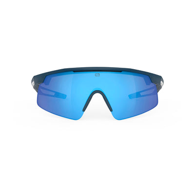 Rudy Project Turbolence all-sport shield sunglasses are perfect for any outdoor activities including running, cycling, gravel biking, mountain biking, boating, golf and pickleball#color_turbolence-mask-blue-navy-matte-with-polar-3fx-hdr-multilaser-blue-lenses