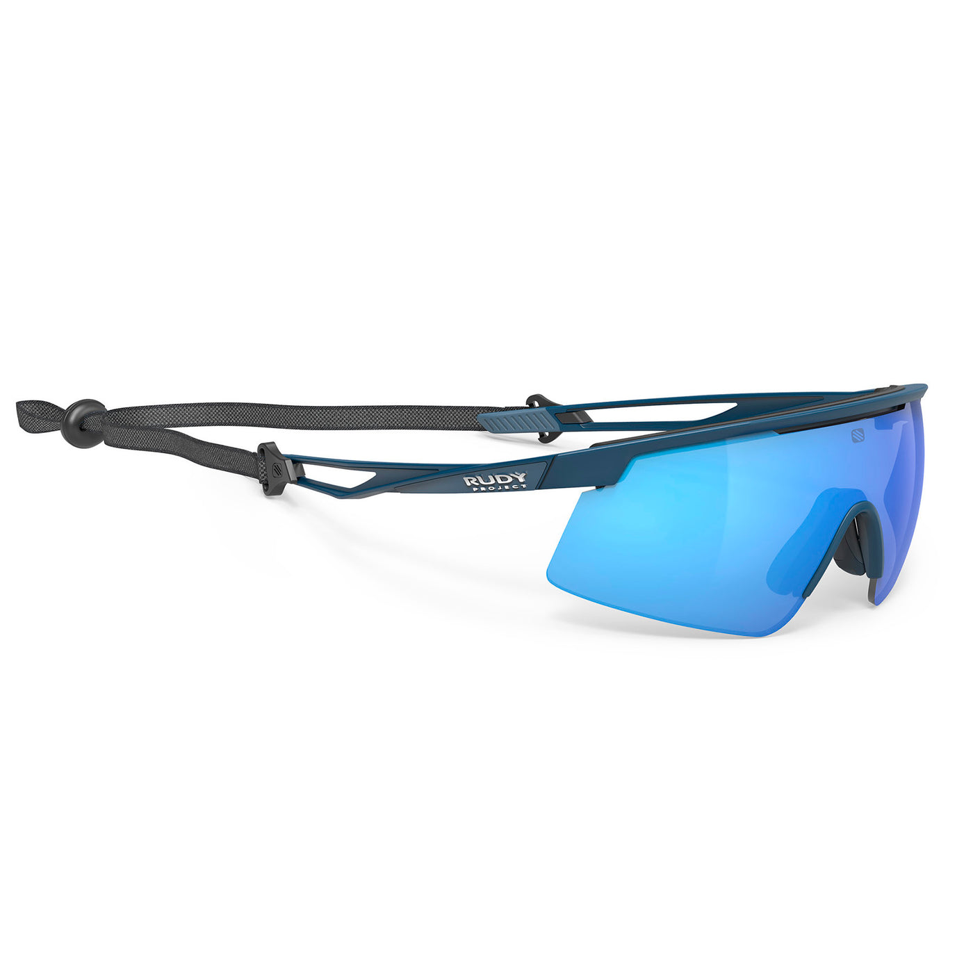 Rudy Project Turbolence all-sport shield sunglasses are perfect for any outdoor activities including running, cycling, gravel biking, mountain biking, boating, golf and pickleball#color_turbolence-mask-blue-navy-matte-with-polar-3fx-hdr-multilaser-blue-lenses