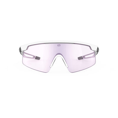 Rudy Project Turbolence all-sport shield sunglasses are perfect for any outdoor activities including running, cycling, gravel biking, mountain biking, boating, golf and pickleball#color_turbolence-white-matte-with-impactx-photochromic-2-laser-purple-lenses