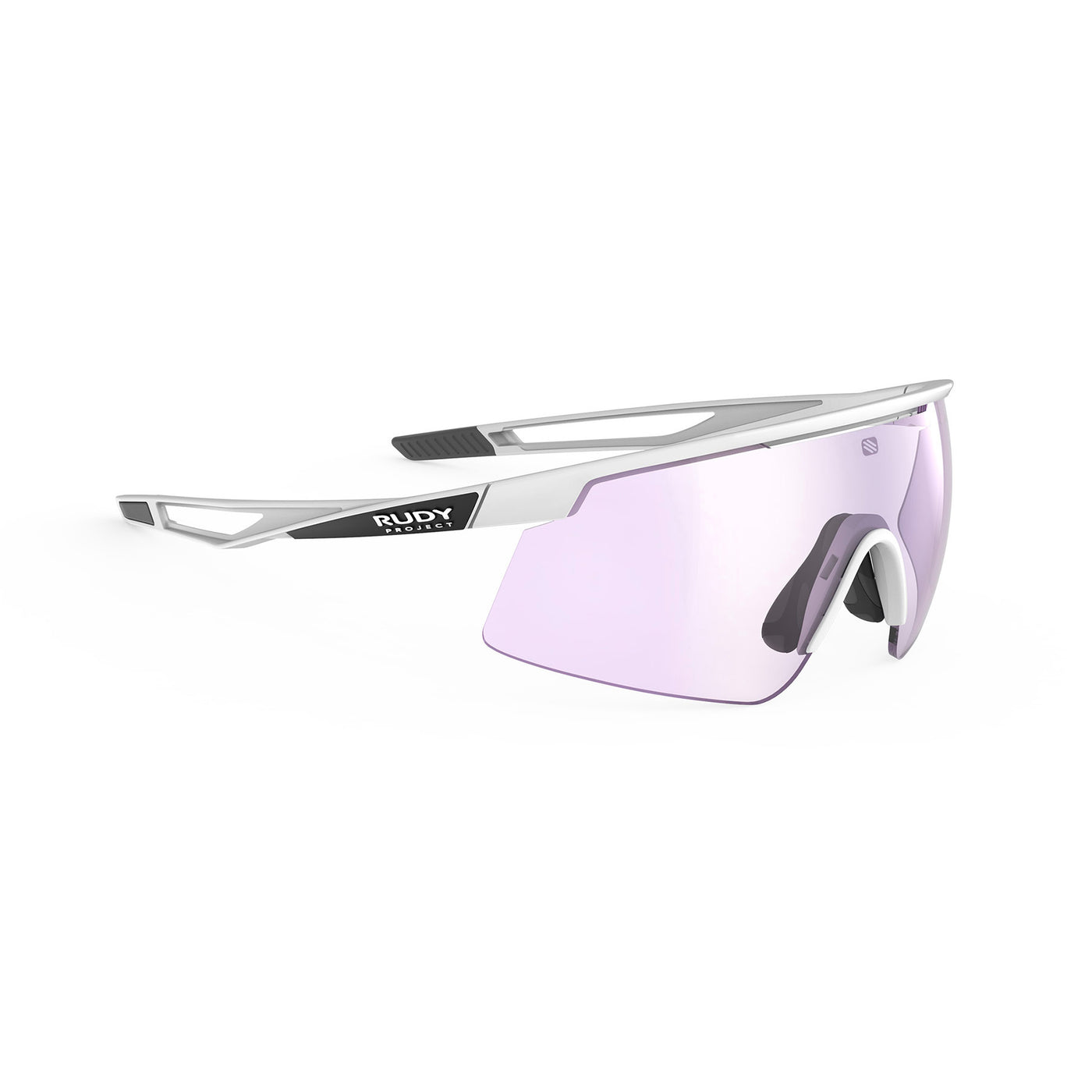 Rudy Project Turbolence all-sport shield sunglasses are perfect for any outdoor activities including running, cycling, gravel biking, mountain biking, boating, golf and pickleball#color_turbolence-white-matte-with-impactx-photochromic-2-laser-purple-lenses