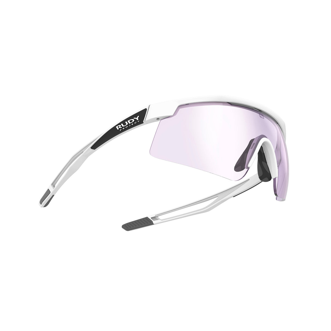 Rudy Project Turbolence all-sport shield sunglasses are perfect for any outdoor activities including running, cycling, gravel biking, mountain biking, boating, golf and pickleball#color_turbolence-white-matte-with-impactx-photochromic-2-laser-purple-lenses