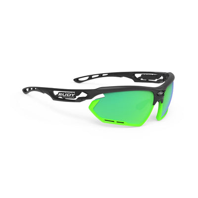 Rudy Project running and cycling sport prescription sunglasses#color_fotonyk-matte-black-frame-and-polar-3fx-hdr-multilaser-green-lenses-lime-bumpers